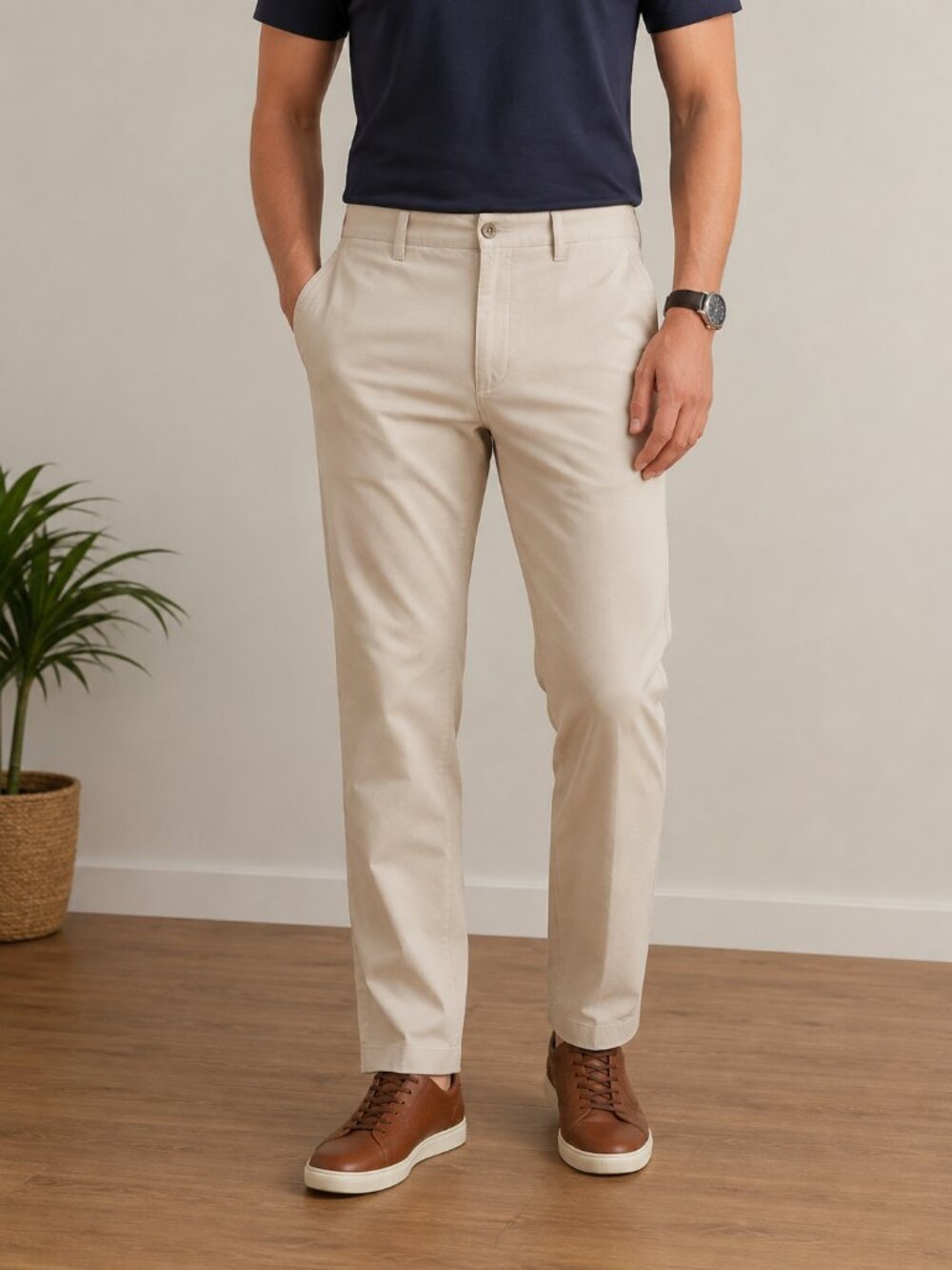 Perry Ellis Men's 34x32 Beige Khaki Chino Pants 100% Cotton Classic Flat Front